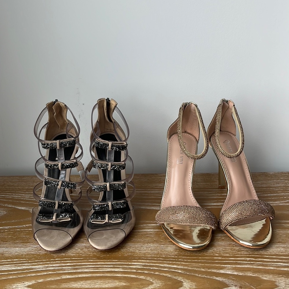 Two pairs, champagne, gold cocktail heels